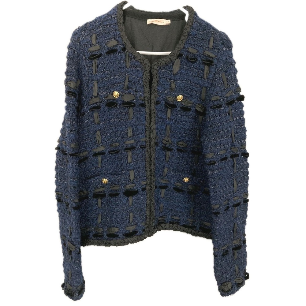 Tory Burch Cardigan Sweater Women XL Blu Tweed Wool Pocket Ribbon Trim Hook/Loop